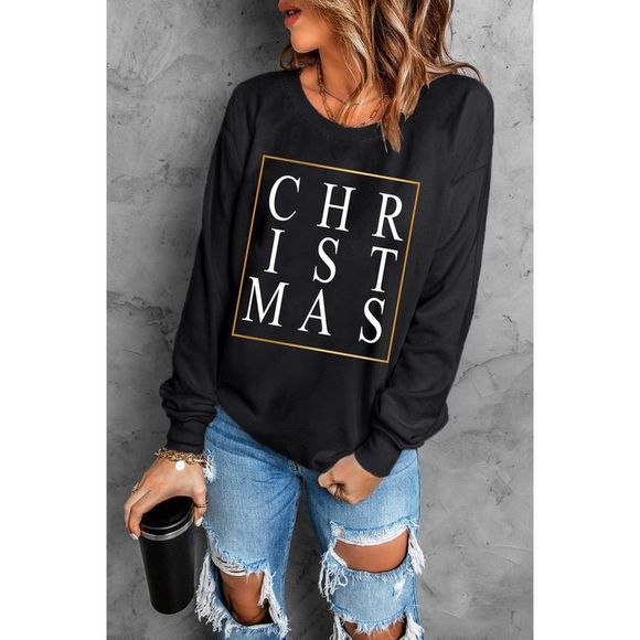 Azura Exchange  Black CHRISTMAS Glitter Print Crew Neck Sweatshirt - Picture 6 of 9